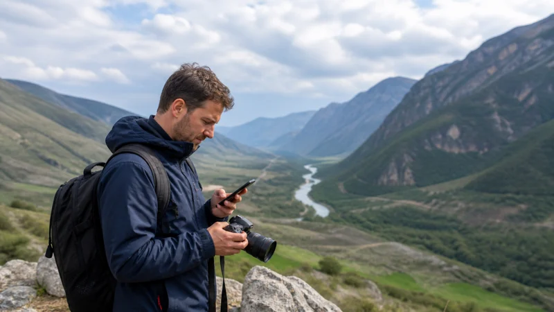 Travel photographer using a camera and smartphone in Georgia
