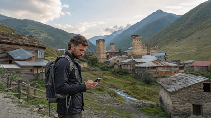Traveller checking a smartphone in a remote Georgian mountain village