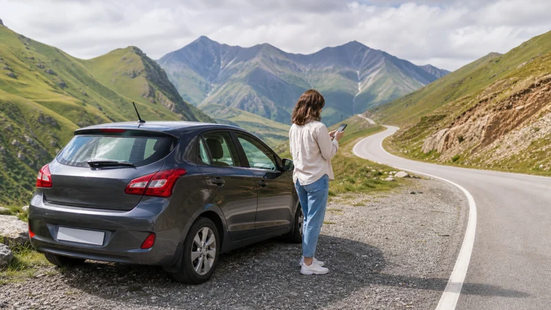 Traveller using smartphone navigation beside a car on a scenic Georgian road