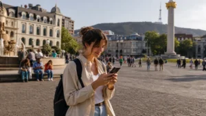 Solo traveller checking a smartphone map in Tbilisi