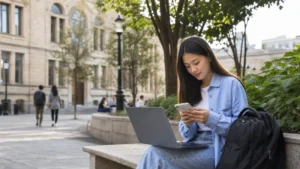 International student using a laptop and smartphone on a Georgian campus