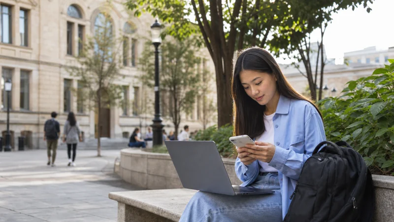International student using a laptop and smartphone on a Georgian campus