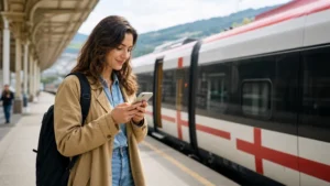 Traveller checking a smartphone beside a Georgian intercity train