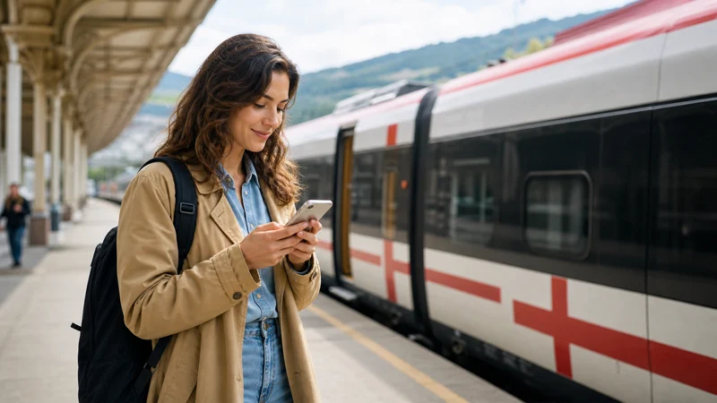 Traveller checking a smartphone beside a Georgian intercity train