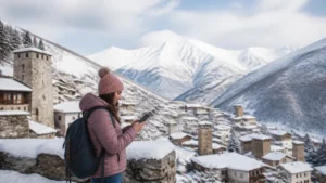 Winter traveller checking a smartphone at a Georgian mountain resort