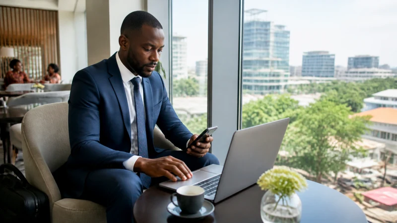 Business traveller working online from an Accra hotel lounge