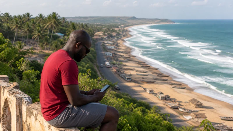 Traveller checking a smartphone above Ghana's Atlantic coast