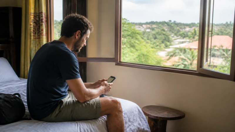 Traveller using an Android-style smartphone in Kumasi Ghana