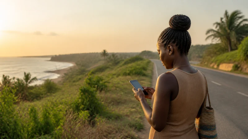 Traveller checking eSIM coverage beside a road in Ghana