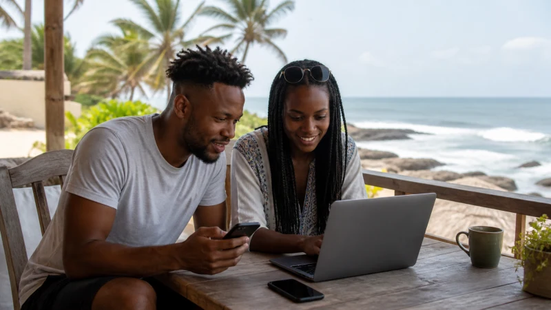 Travel companions using a phone hotspot on the Ghana coast