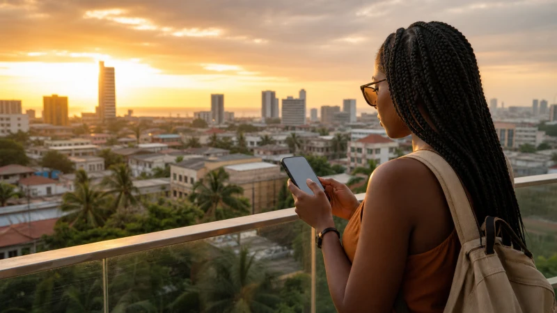 Traveller using an iPhone-style smartphone above Accra