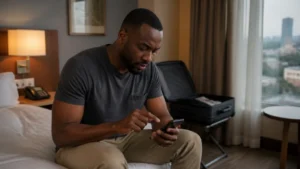 Traveller troubleshooting an eSIM in an Accra hotel room