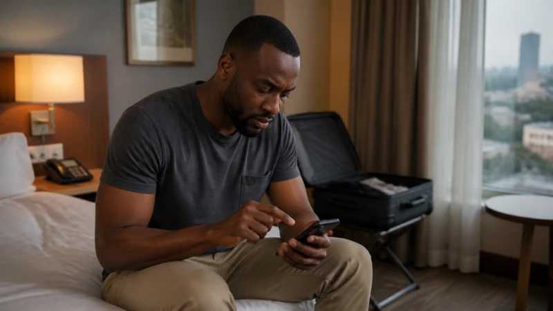 Traveller troubleshooting an eSIM in an Accra hotel room