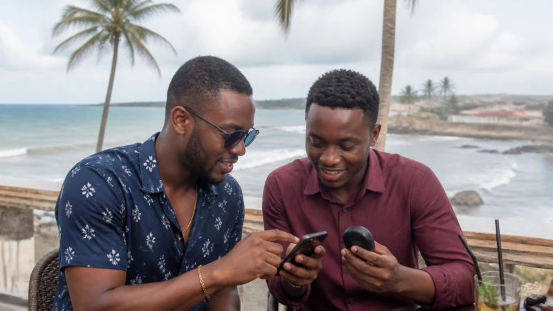 Friends comparing phones and pocket WiFi on the Ghana coast