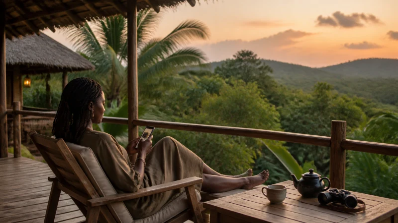 Traveller using a smartphone on a Ghanaian eco-lodge veranda