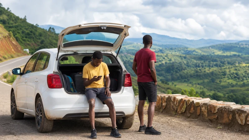 Travellers checking navigation during a road trip in Ghana