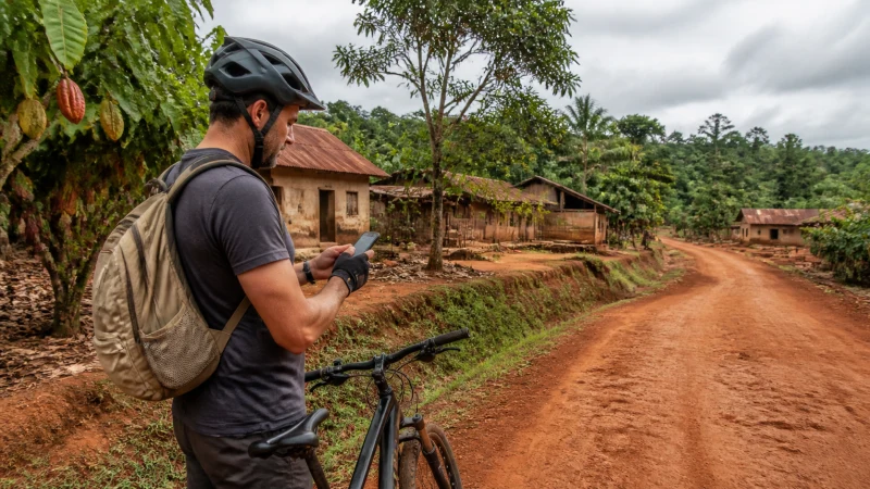 Cyclist checking mobile coverage on a rural road in Ghana