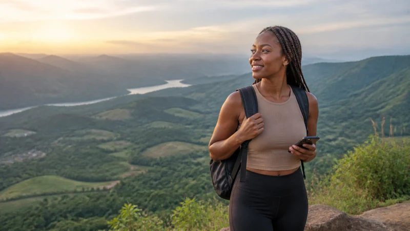 Solo traveller using a smartphone at a Ghana highland viewpoint