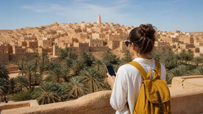 Traveller using mobile internet in Ghardaia Algeria