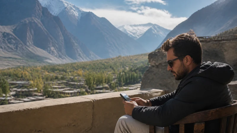 Traveller using a smartphone in the Gilgit mountain valley