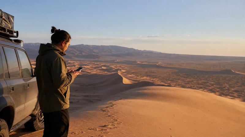 Traveller using a smartphone in Mongolia for gobi desert mobile internet