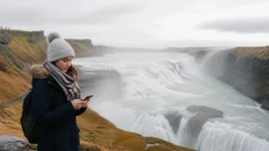 Traveller using a smartphone in the Golden Circle