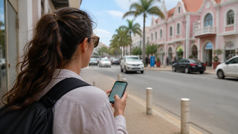 Traveller using phone navigation on a scenic Aruba road