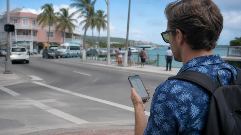 Traveller checking smartphone navigation on a Nassau street