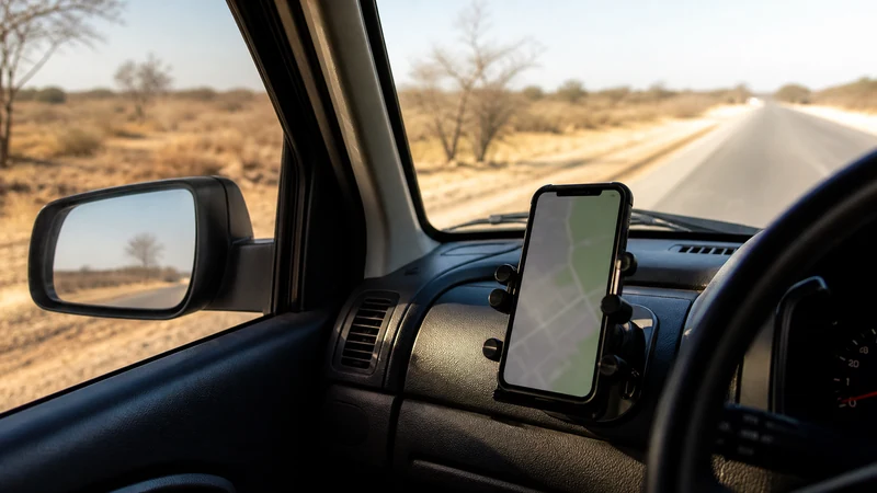 Phone navigation beside a Botswana road.