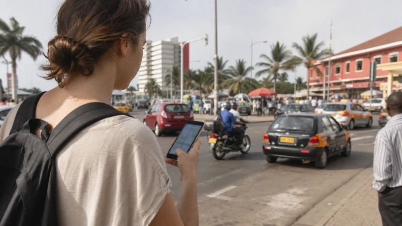 Traveller checking smartphone navigation on an Accra street