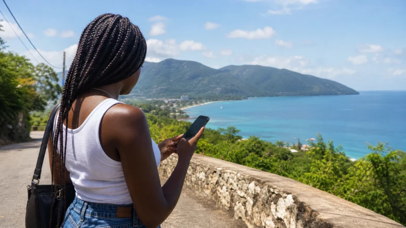Traveller using a smartphone in Jamaica while using Google Maps in Jamaica