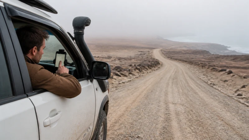 Traveller using a smartphone in Namibia while using Google Maps in Namibia