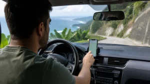 Traveller using a smartphone in Puerto Rico while using Google Maps in Puerto Rico