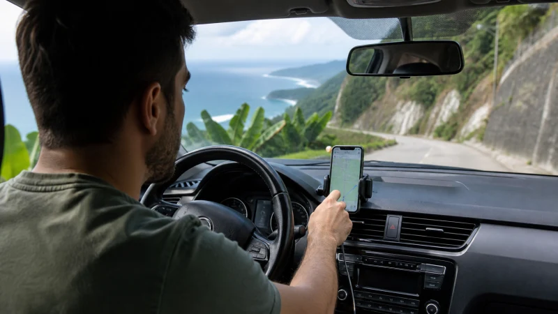 Traveller using a smartphone in Puerto Rico while using Google Maps in Puerto Rico