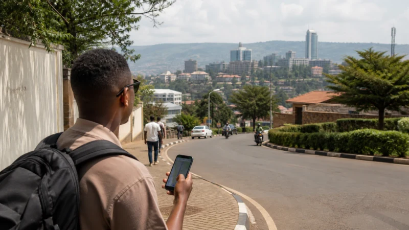 Traveller checking smartphone navigation on a Kigali street