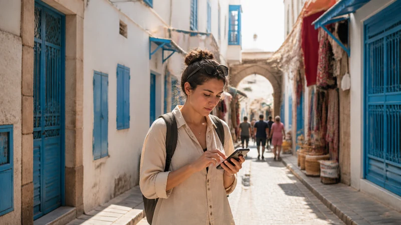 Traveller navigating with a smartphone in a sunlit Tunisian medina street.