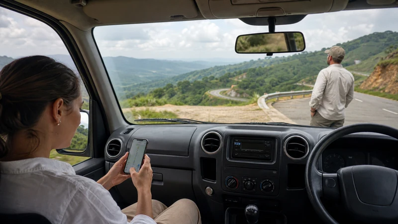 Traveller checking a map on a smartphone during a road journey in Uganda.
