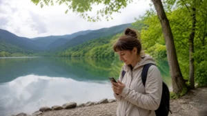Traveller checking mobile coverage near Lake Goygol