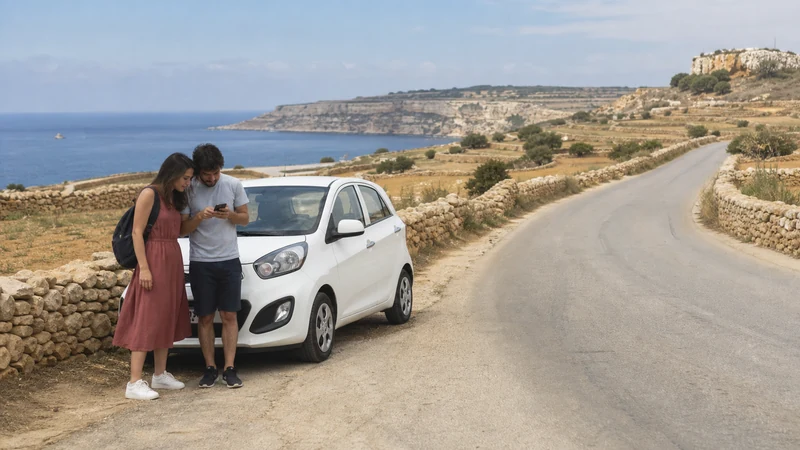 Traveller checking directions beside a car on Gozo