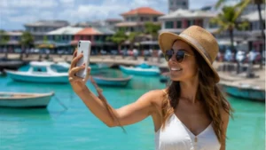 Traveller using a smartphone in Mauritius while researching mobile internet in grand baie