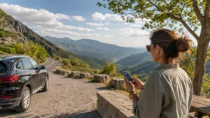 Traveller using a smartphone at a mountain rest stop between Greece and Bulgaria