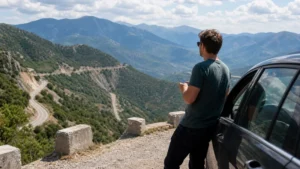 Traveller using a smartphone during greece to north macedonia mobile internet in North Macedonia.