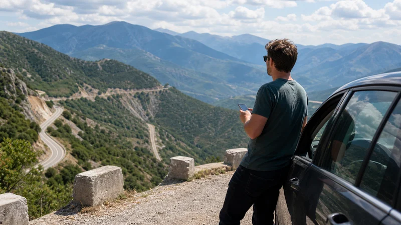 Traveller using a smartphone during greece to north macedonia mobile internet in North Macedonia.