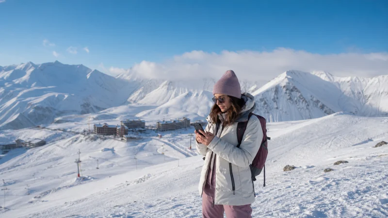 Winter traveller checking a smartphone at Gudauri mountain resort