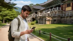 Traveller checking directions near Gyeongju heritage sites