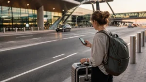 Traveller using a smartphone in arriving passenger checking a route to Doha outside the airport transport hall