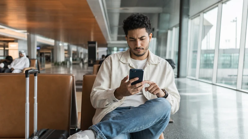 Traveller using a smartphone in Hamad Airport terminal