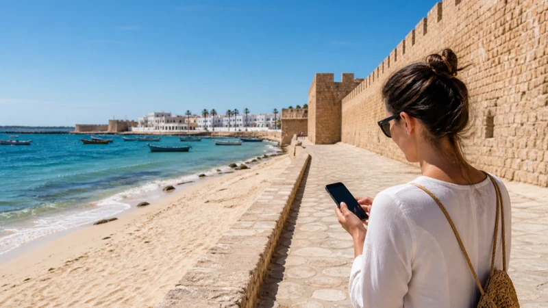 Traveller using a smartphone for Hammamet Mobile Internet in Tunisia