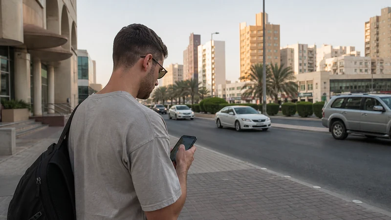 Traveller using a smartphone in a Kuwait setting related to a visitor’s guide to mobile data in hawalli