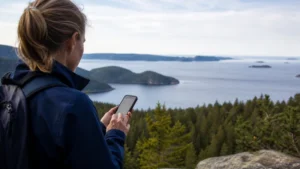 Traveller using a smartphone while preparing for mobile internet along sweden’s high coast
